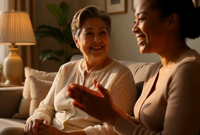 Compassionate elderly care showing genuine warmth between caregiver and senior