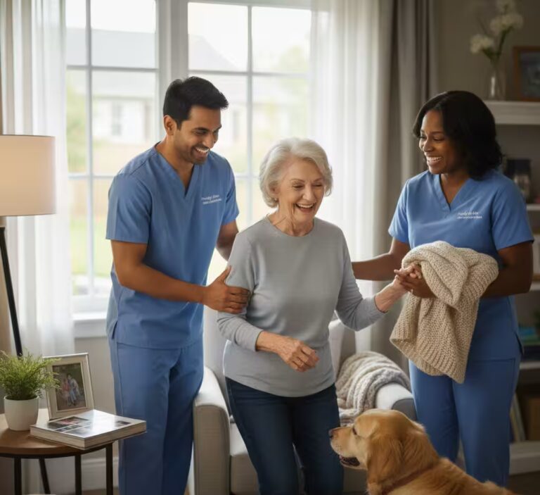 friendly elder care staff serving happy moment